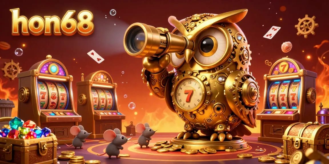 Join the fun at hon68's cartoon casino, featuring a golden owl, slot machines, and vibrant treasures!