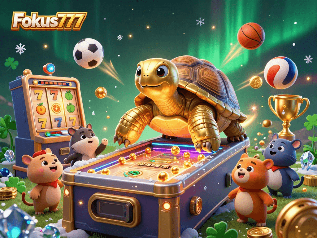 Spin the reels and win big with Fokus777, showcasing a vibrant 3D scene of games and excitement.