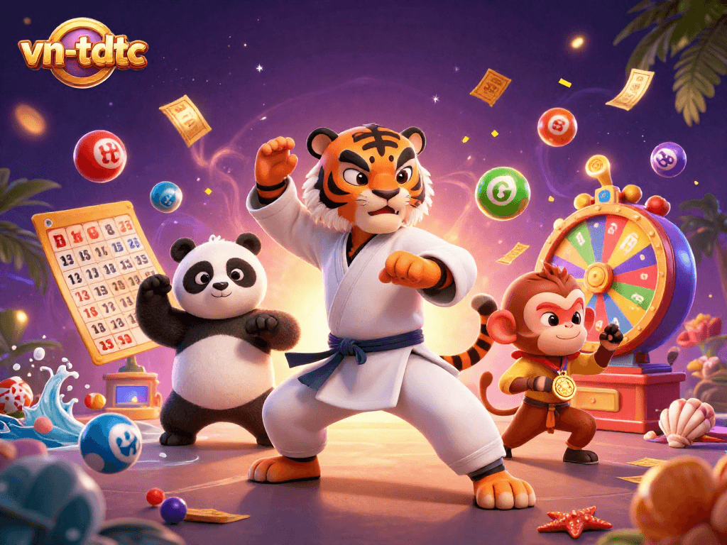 Engage with vn-tdtc as a kung fu tiger master and friends in a vibrant lottery-themed scene.