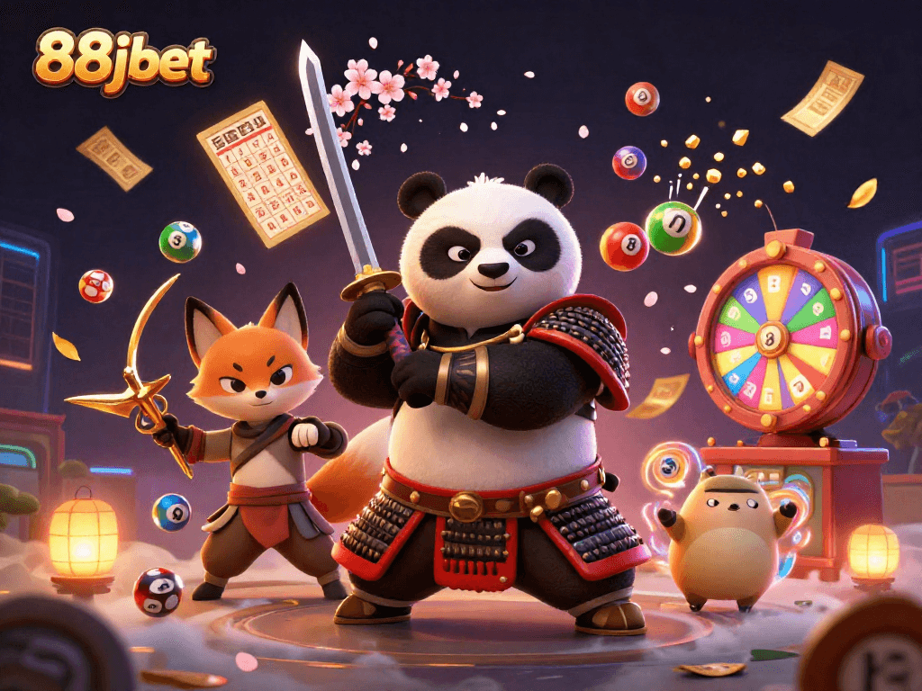 Experience thrilling gaming excitement with 88jbet's dynamic gambling scene featuring samurai panda and ninja fox.