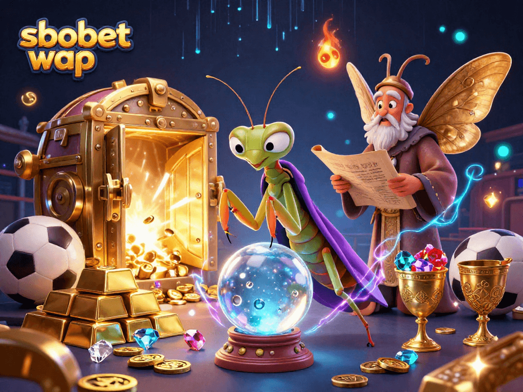 Bet on sbobet wap with a mystical fortune teller reading odds in a vibrant casino scene.