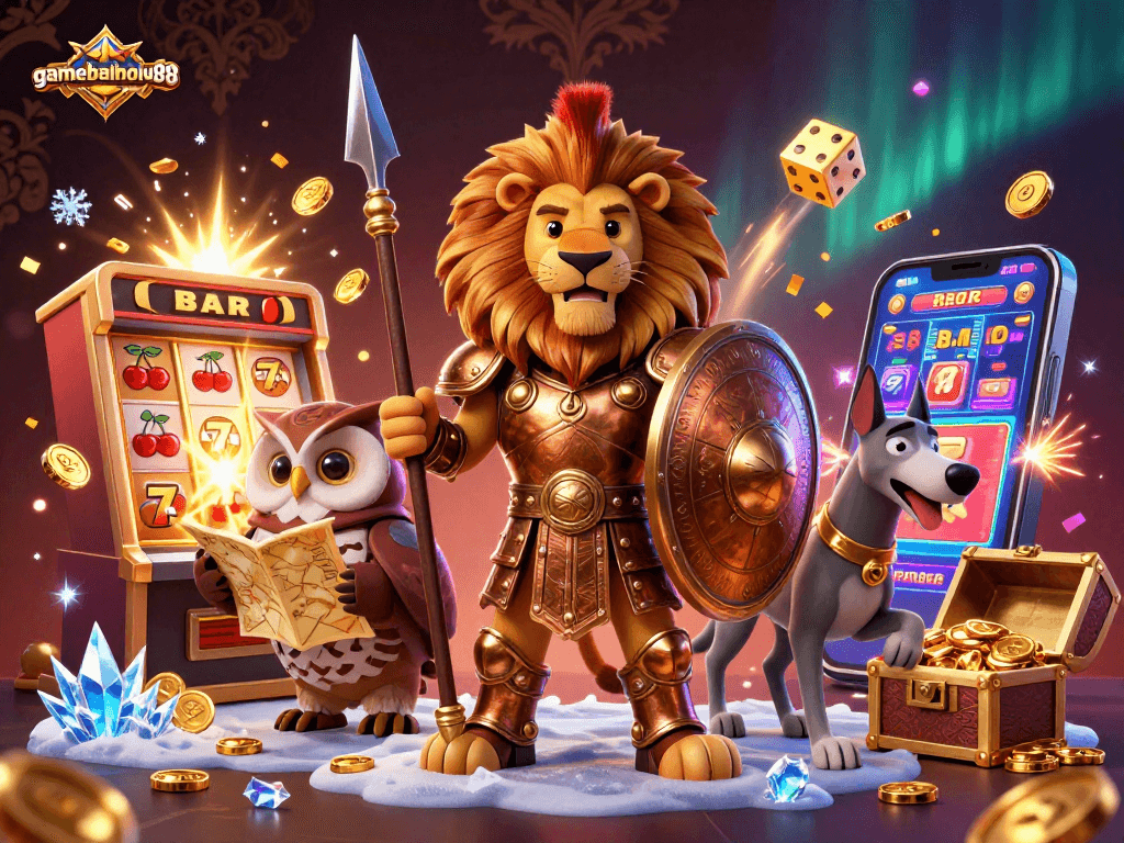 Engage in exciting gameplay with gamebainohu88, featuring a vibrant 3D casino scene of characters and jackpots.