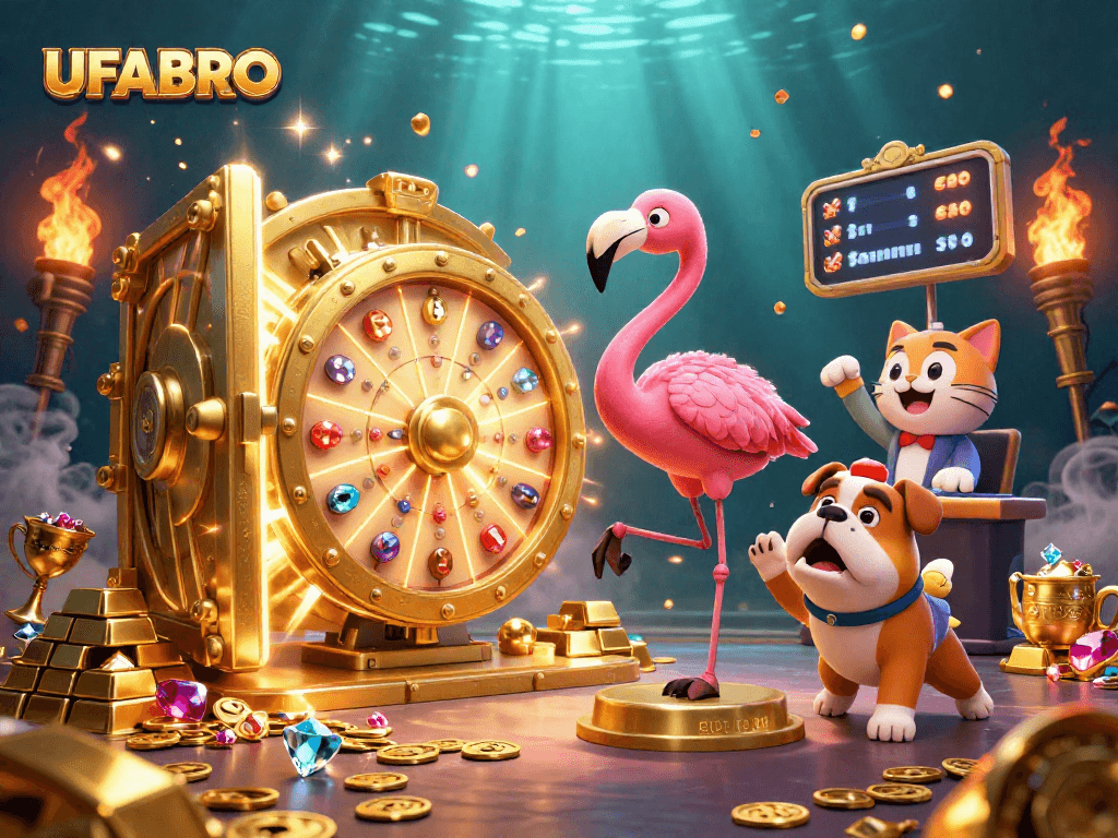 Spin to win at UFABRO with vibrant characters and explosive casino action in this dynamic illustration.