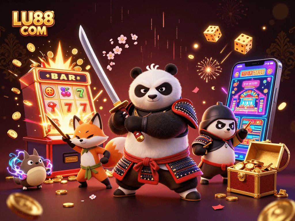 Lively scene featuring LU88 COM brand with cartoon samurai panda, ninja fox, and magical tanuki in a vibrant casino atmosphere.