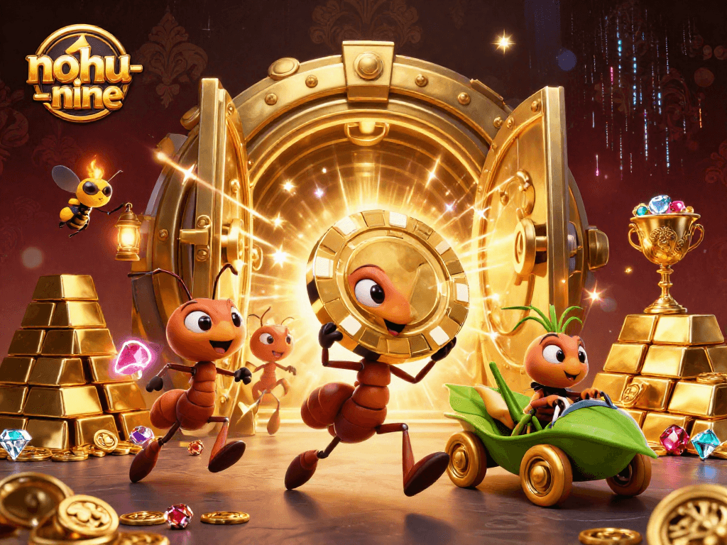Navigate the exciting world of nohu-nine with an ant heist scene in a casino tunnel, showcasing golden poker chips.