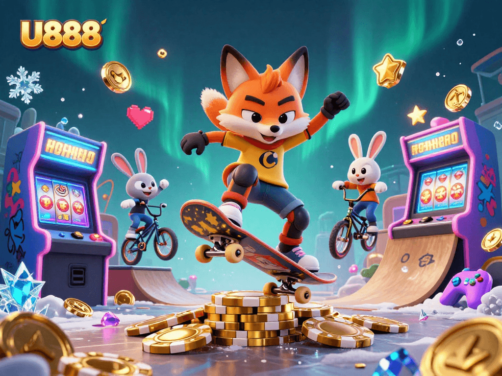 Experience the thrills of U888 with vibrant casino-themed characters and exciting game elements.