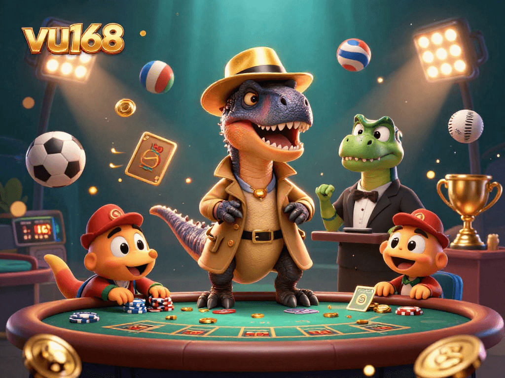 Bet on vu168 with a 3D velociraptor card counter and stegosaurus pit boss amidst dynamic sports elements.
