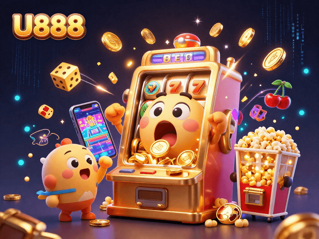 U888 slot machine hits a jackpot with coins pouring out, surrounded by cheering machines and a popcorn machine.