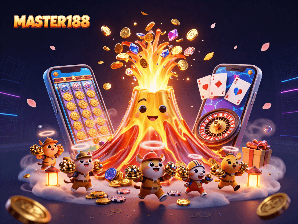 MASTER188 celebrates gaming thrills with a vibrant eruption of coins and treasures.