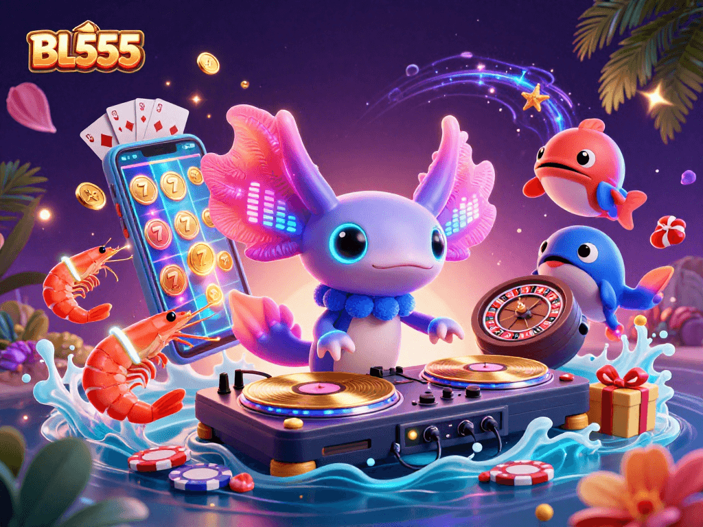 Experience the lively atmosphere at BL555 with a dynamic 3D casino scene featuring an axolotl DJ and vibrant gaming elements.