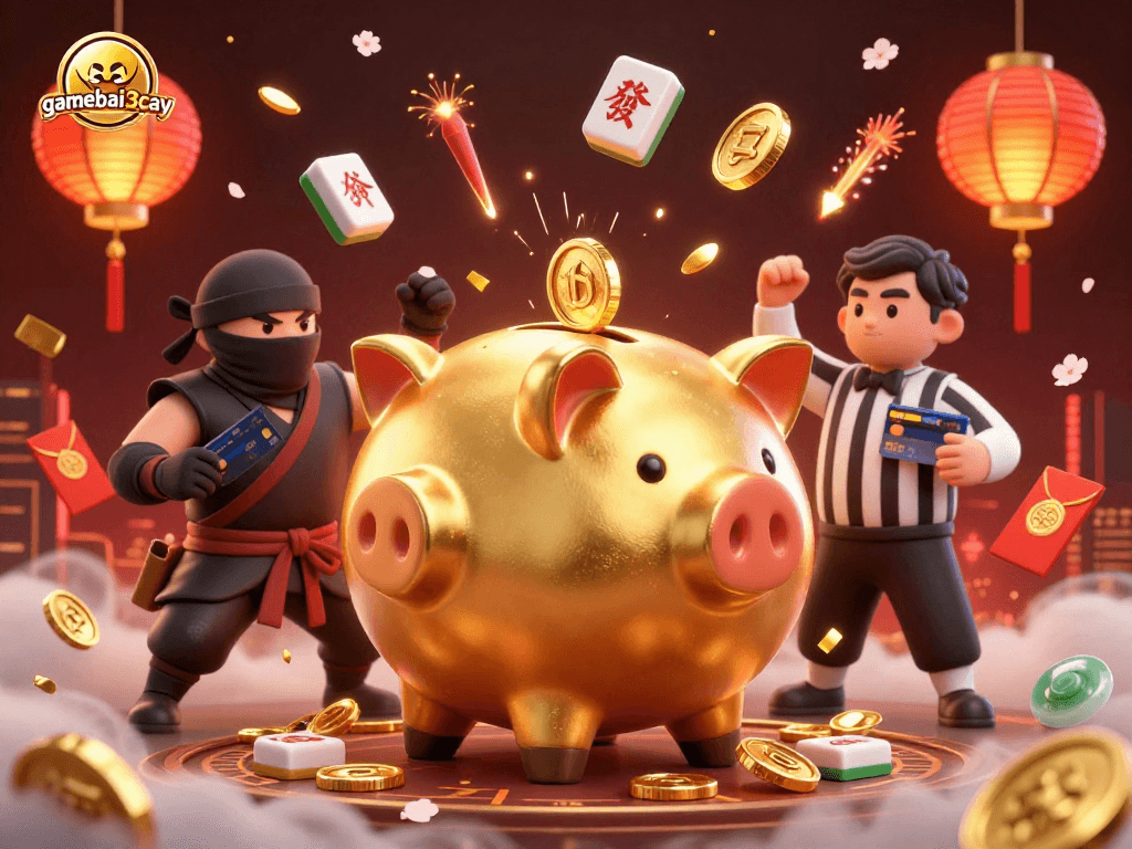 Gamebai3cay showcases a vibrant casino scene with a dynamic golden piggy bank sumo wrestler and lively game elements.