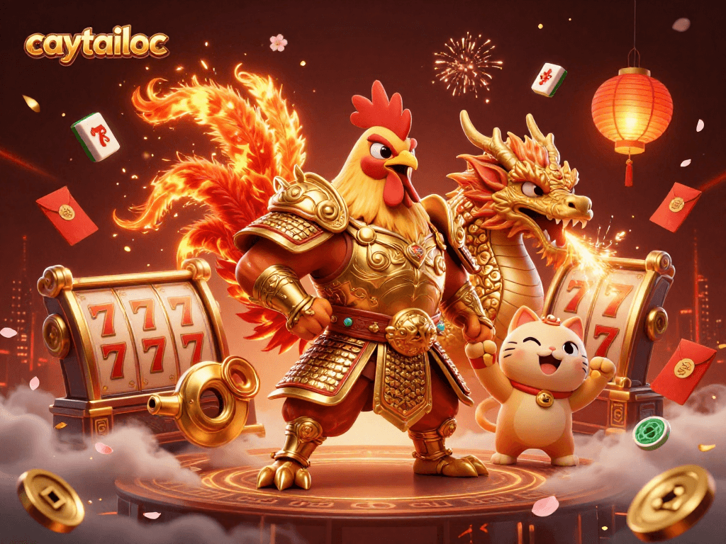 Experience excitement with caytailoc's powerful rooster warrior and dragon in a dynamic casino scene.