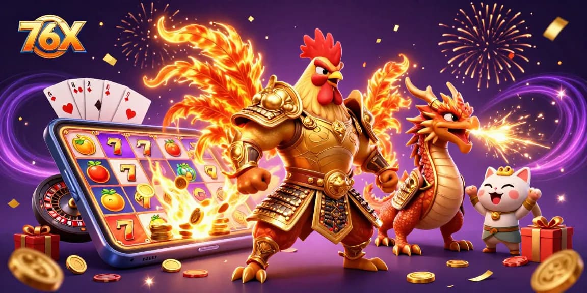 Slot 76X e personagens vibrantes em cena de cassino cheia de diversão e emoção