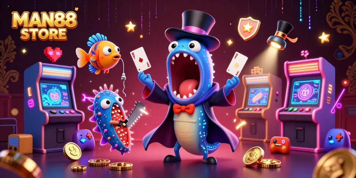 Join the magical escapade at MAN88 STORE with enchanting deep-sea creatures performing casino tricks!