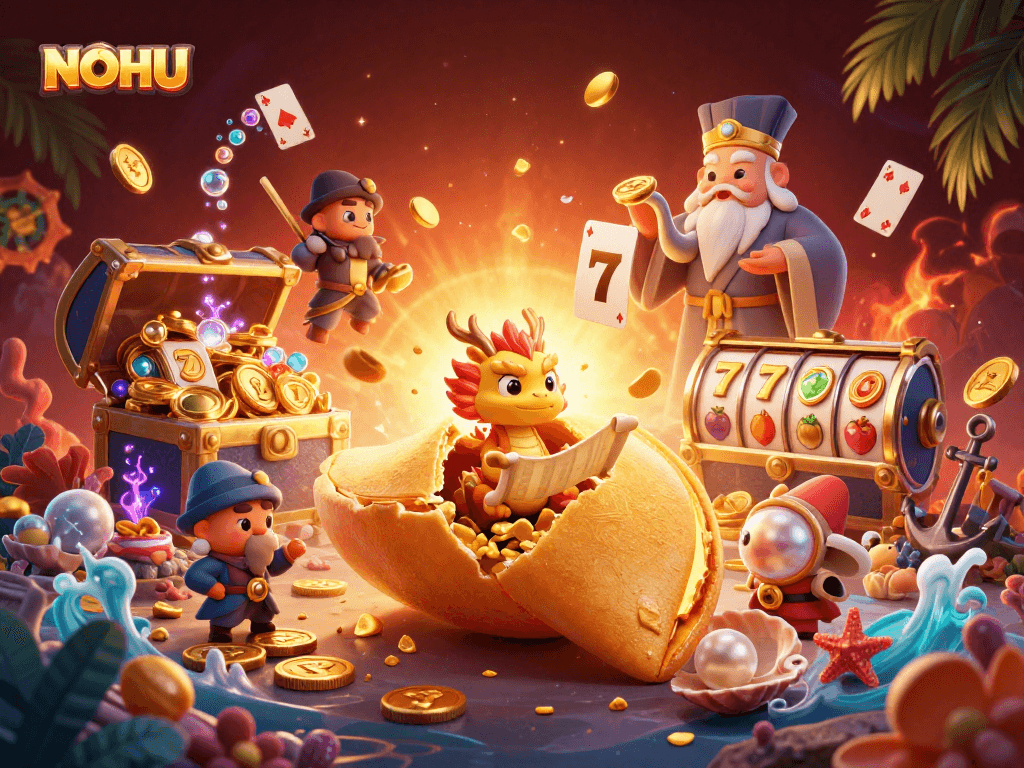 Engage with NOHU in a vibrant casino-themed scene featuring a golden fortune cookie, glowing gems, and dynamic game elements.