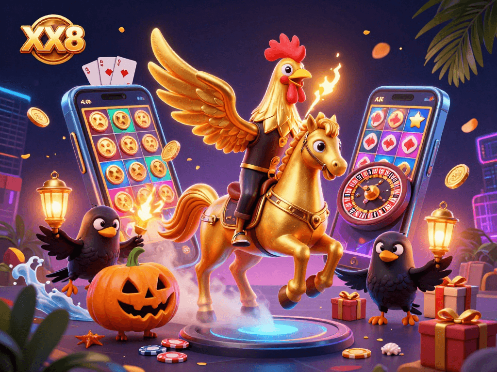 Engage with XX8's thrilling slots in a vibrant casino scene featuring a golden rooster and mystical elements.