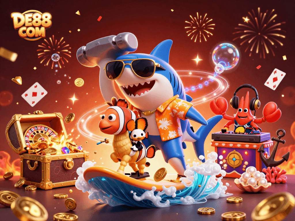 Engage in thrilling casino fun with DE88 COM's vibrant, dynamic underwater illustration featuring a shark and a crab DJ.