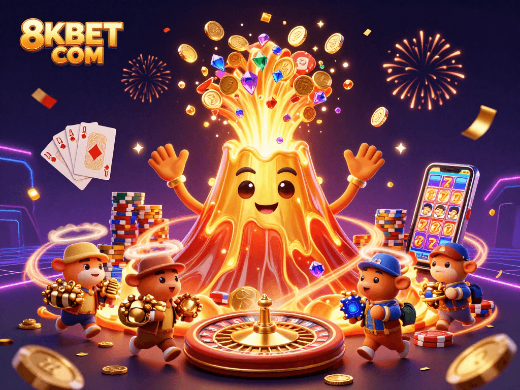 Experience vibrant gaming excitement with 8KBET COM’s thrilling casino elements in this dynamic illustration.