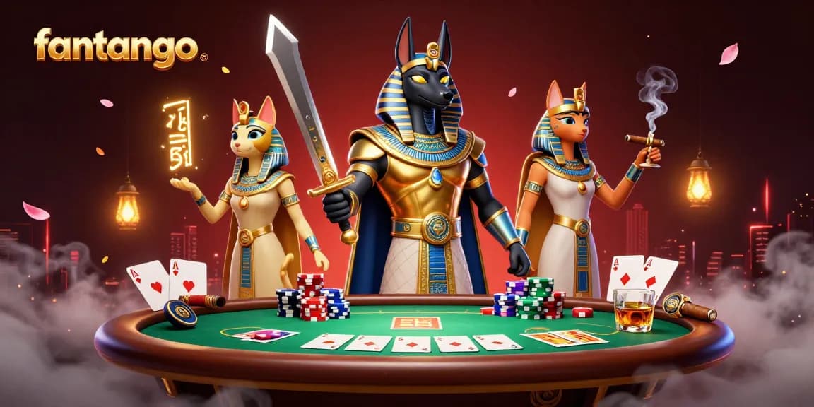 Experience a thrilling round of fantango at the vibrant poker table, surrounded by glowing symbols and dynamic characters.