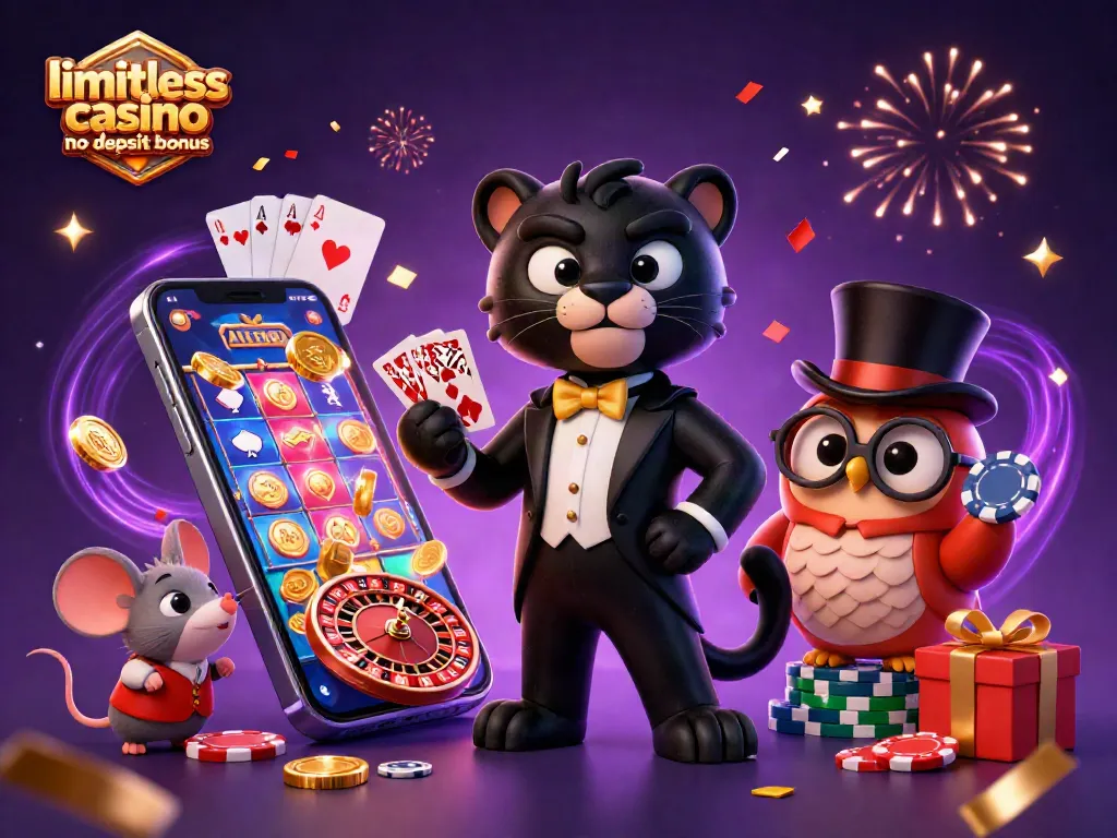 Experience the limitless casino no deposit bonus while winning with 3D characters engaged in vibrant casino activities.