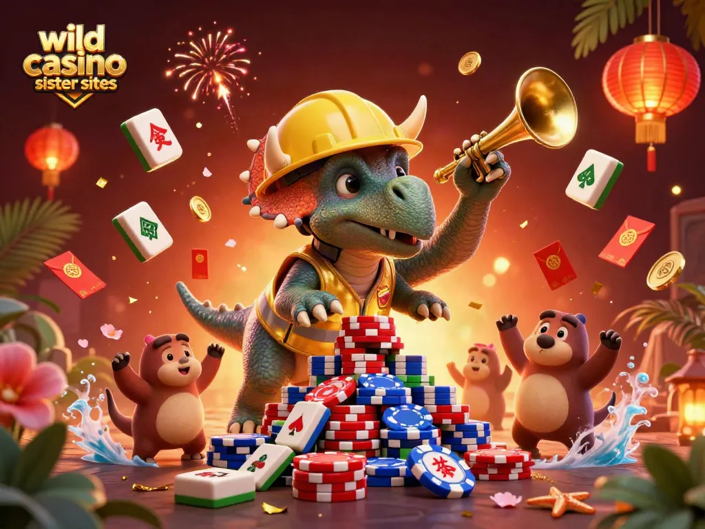 Experience excitement with wild casino sister sites featuring dynamic characters, poker chips, and festive elements.