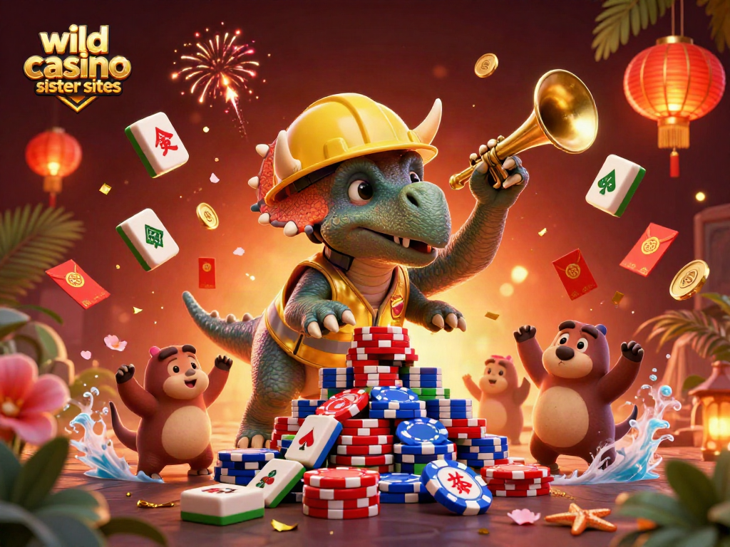 Experience excitement with wild casino sister sites featuring dynamic characters, poker chips, and festive elements.