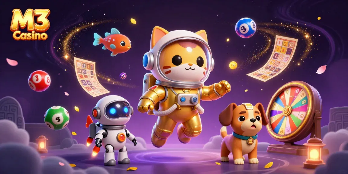 Join the cosmic adventure at M3 Casino with a floating astronaut cat, golden tickets, and gaming excitement.