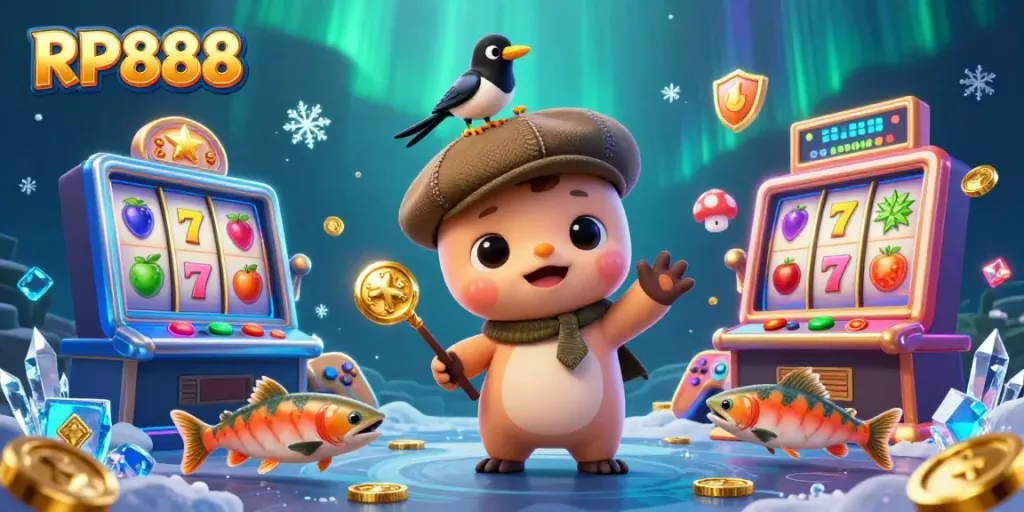Experience the excitement of RP888 with playful characters and slot elements amidst a vibrant casino backdrop.