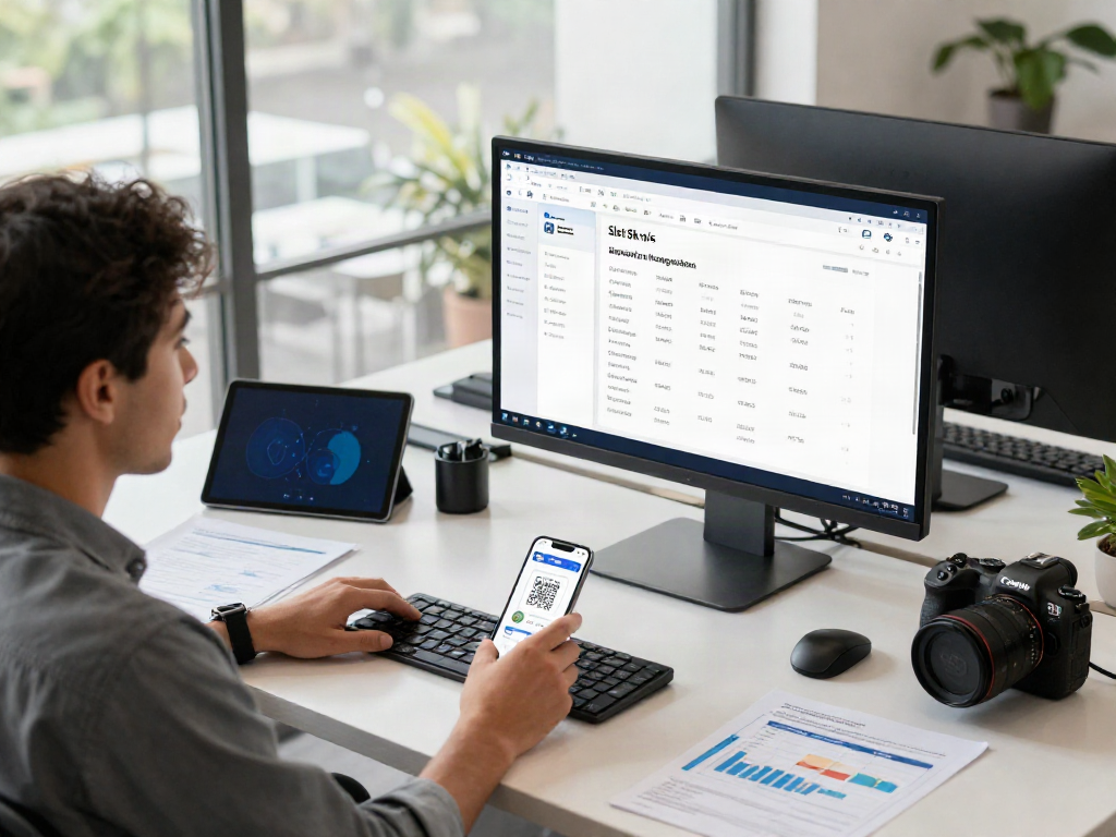 Integrating slot 5k qris in a tech workspace with screens showing digital payment processing.