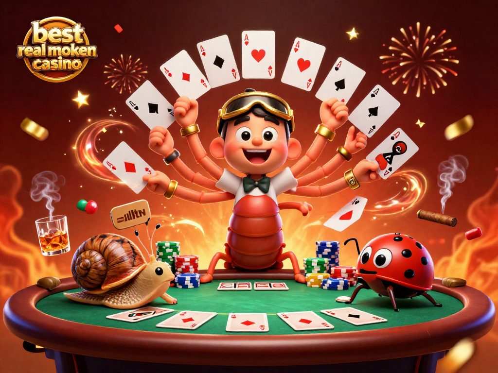 Experience the excitement of the best real money casino with animated characters at a vibrant poker table.