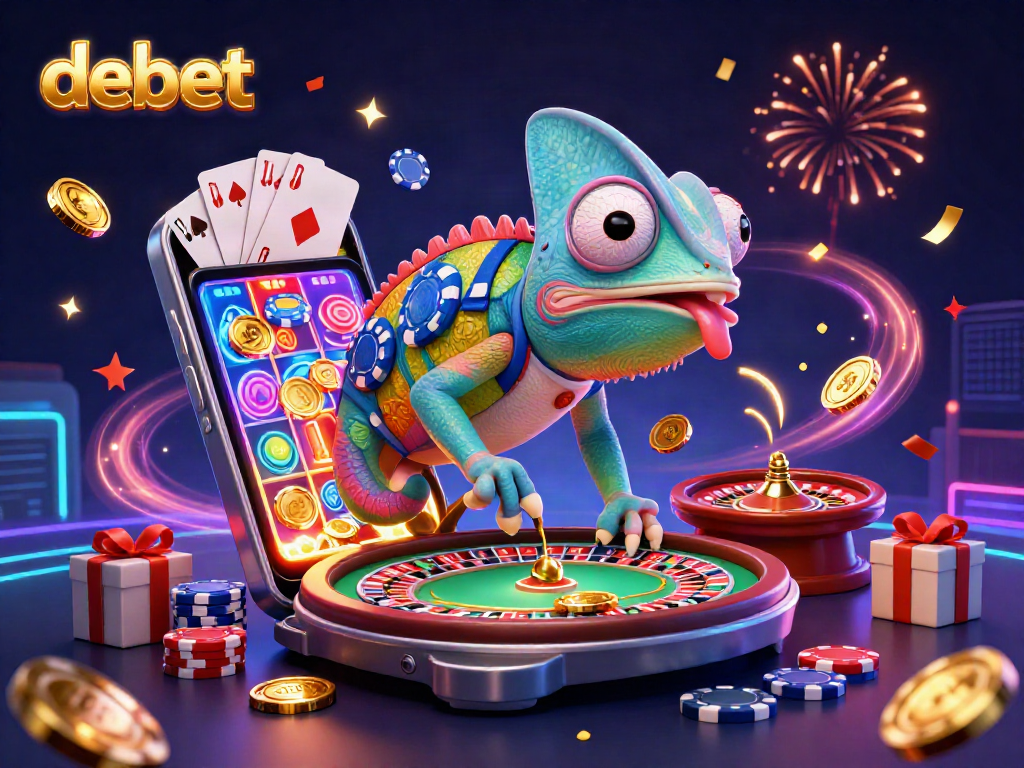 Experience debet's thrilling casino atmosphere with a vibrant chameleon owner and exciting game elements.