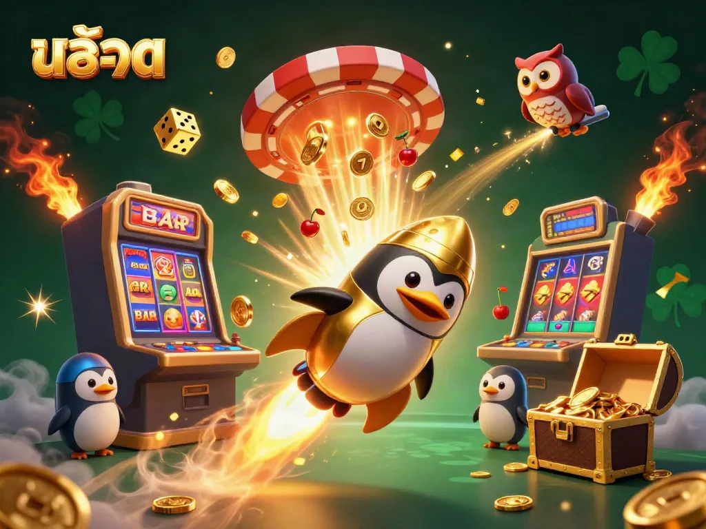 Experience vibrant สล็อต action with a golden penguin racing through space towards a jackpot!
