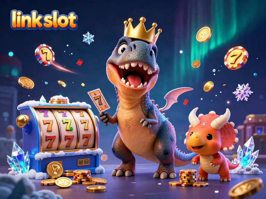Engaging scene with a friendly dinosaur 'link slot' illustration featuring a T-Rex and a triceratops in a vibrant casino setting.