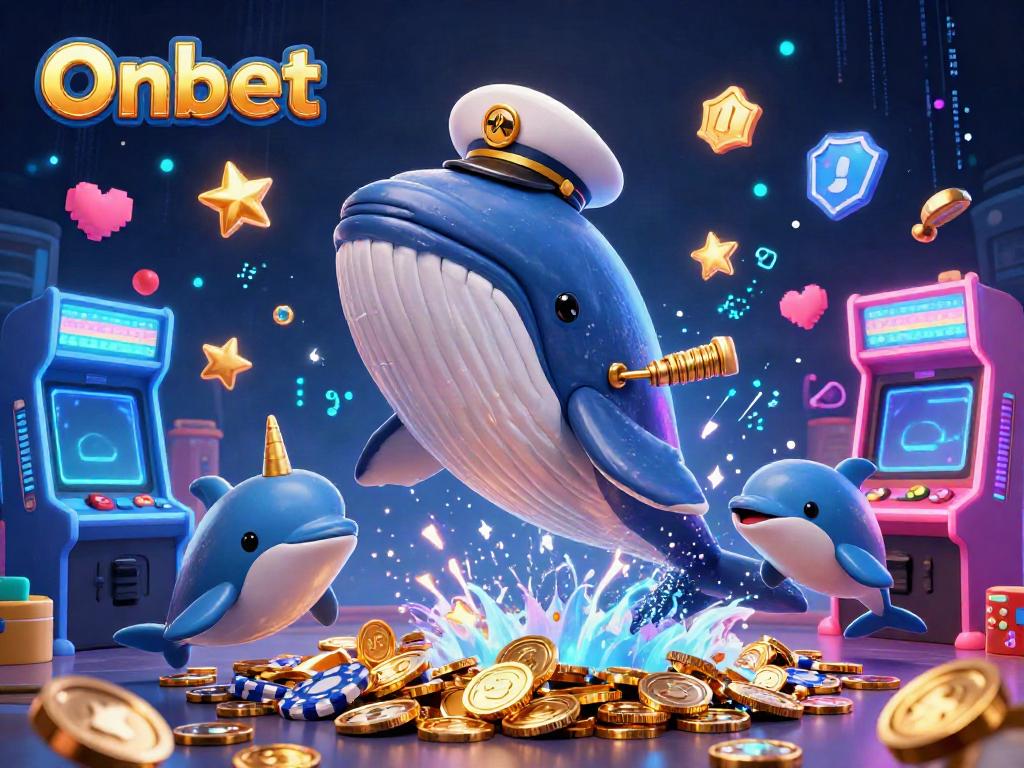 Onbet features a cartoon whale and a narwhal amidst vibrant gaming elements in a casino-themed sea.