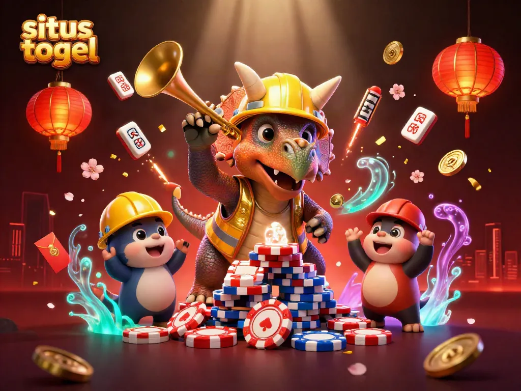 Permainan situs togel yang penuh warna dengan karakter dinosaur, chip poker, dan lampion menarik.
