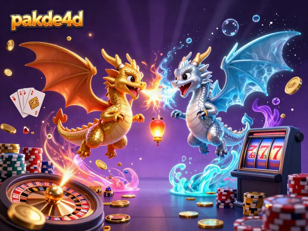 Engage with pakde4d's vibrant 3D casino scene featuring dragons and dynamic game elements.