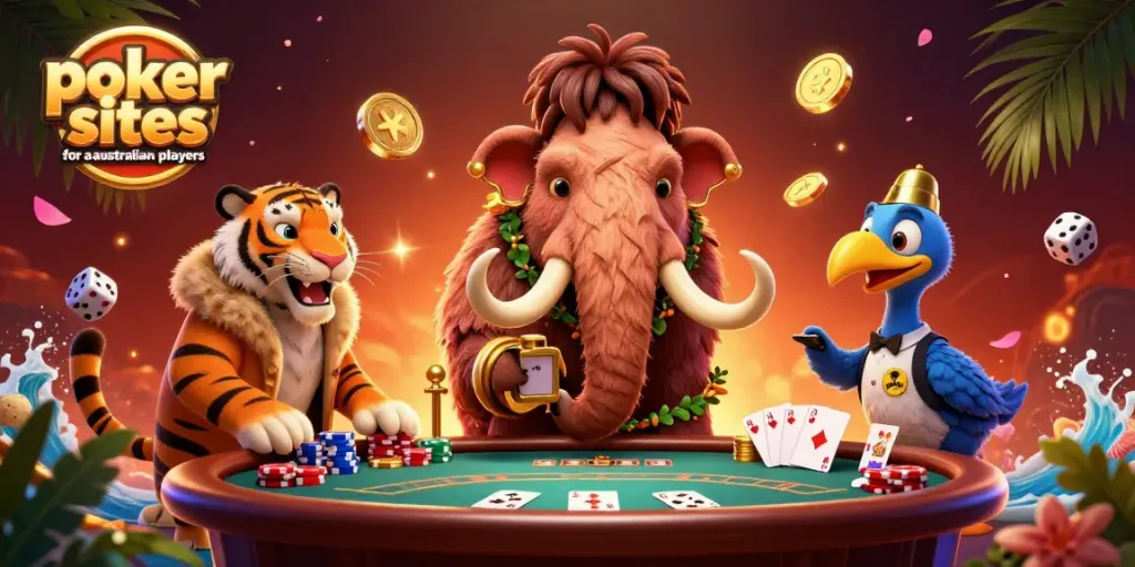 Poker sites for Australian players feature a vibrant scene with characters and essential gaming elements.