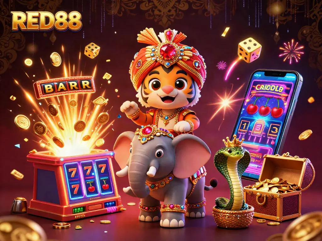 Experience the thrill of slots at RED88 with a vibrant 3D illustration of a royal gaming scene.