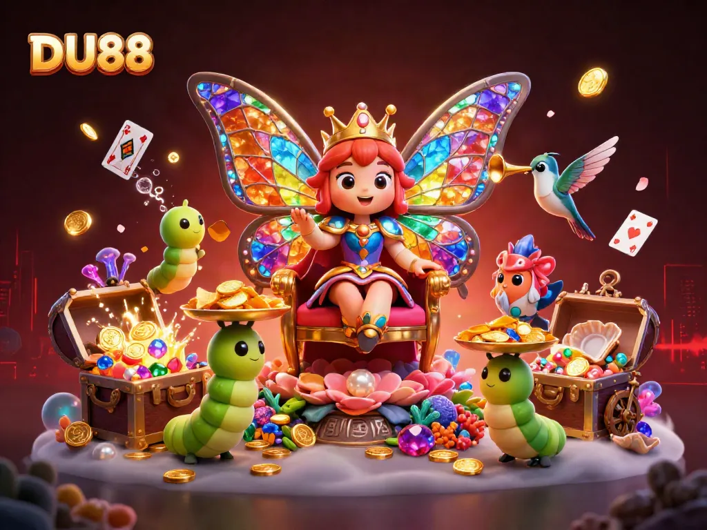 Experience winning with DU88 in this vibrant casino-themed illustration showcasing brilliant characters and elements.