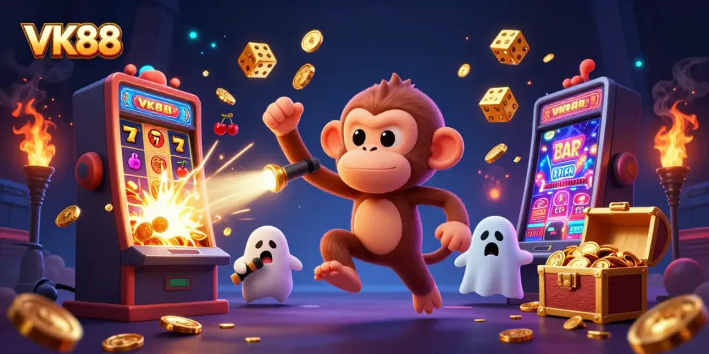 Experience excitement with VK88 as the ghostly puppy tracks a mischievous poltergeist monkey in a vibrant haunted casino scene