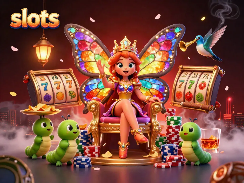 Experience vibrant slots games with dynamic characters in a colorful casino scene.