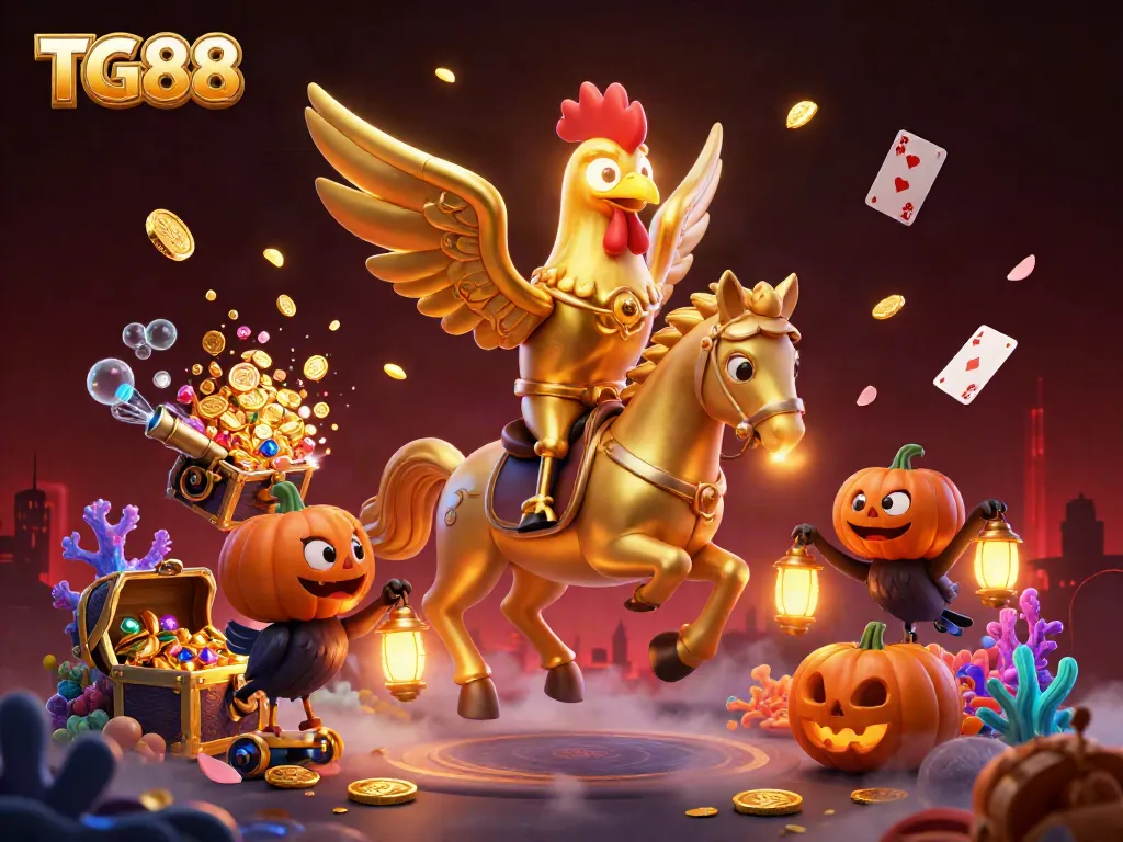 Experience the vibrant world of TG88 with a golden rooster headless horseman amidst a dazzling casino scene.