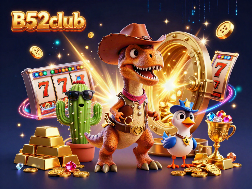 B52club exclusive slots scene featuring cartoon characters enjoying a vibrant casino atmosphere.