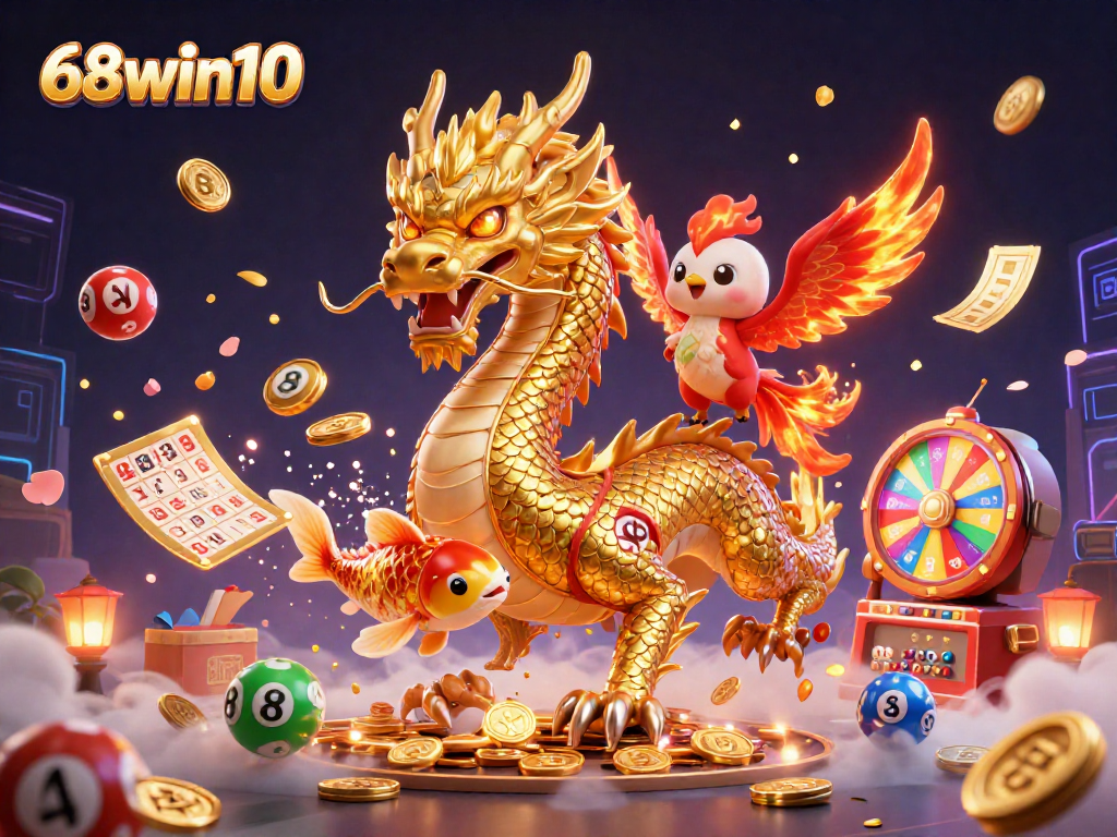 Join the action at 68win10 with a lucky dragon, phoenix, and koi fish amidst a vibrant casino scene!