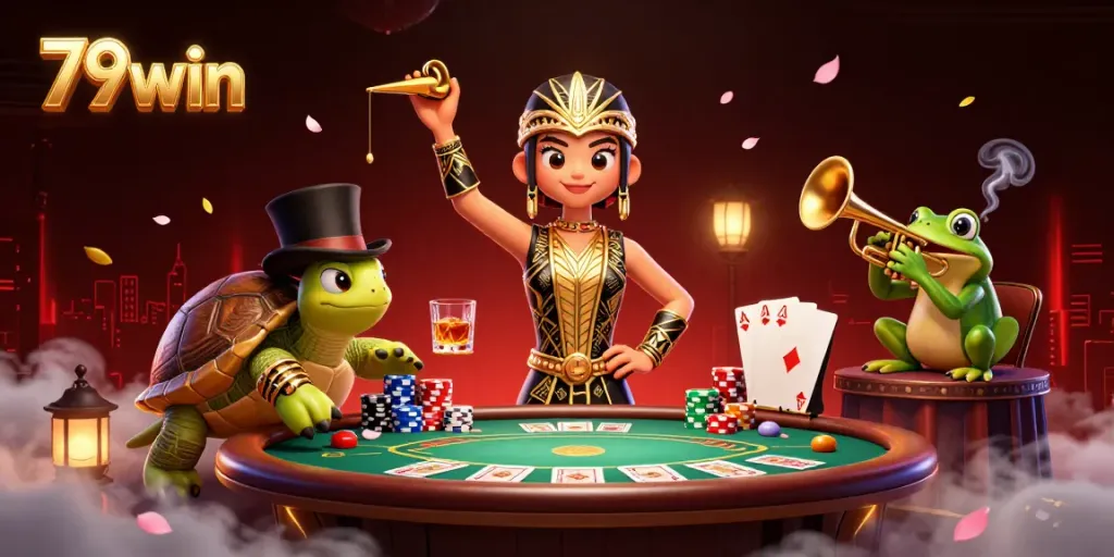 Engage in thrilling poker action with 79win at a lively speakeasy featuring dynamic characters and rich casino elements.