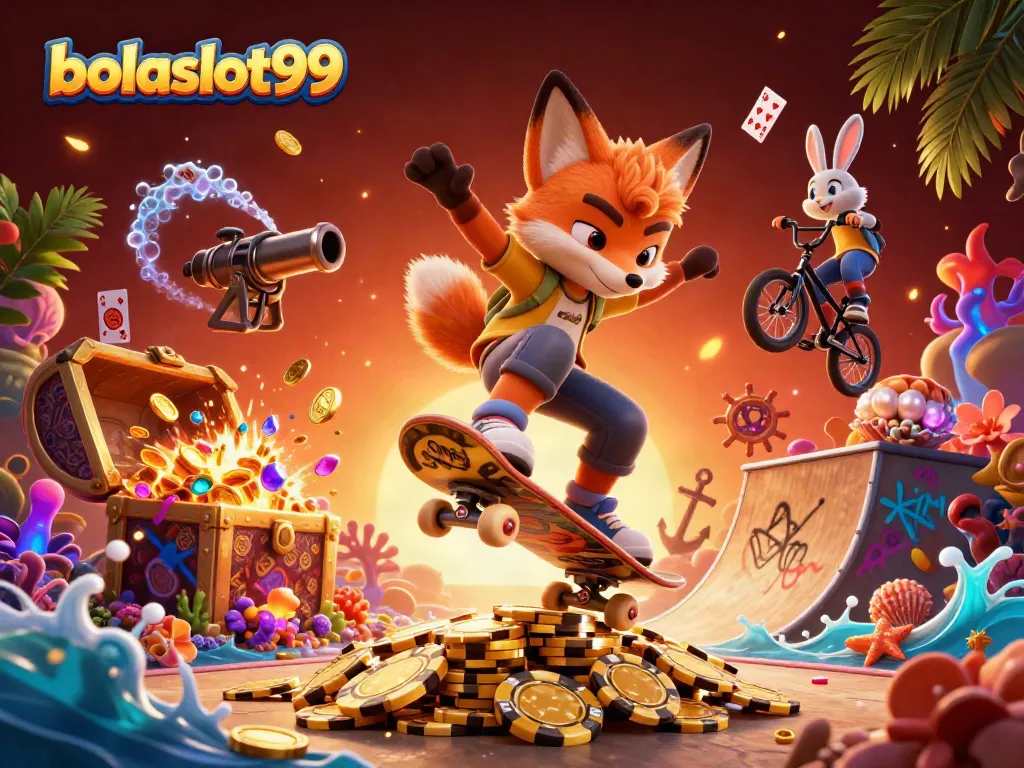 Bolaslot99 features a vibrant 3D scene with a skateboarder fox and BMX-riding rabbit amidst casino elements.