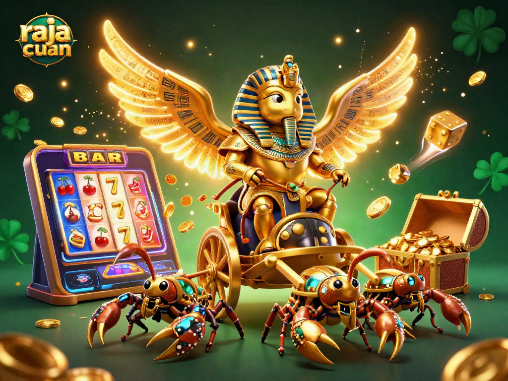 Experience excitement in raja cuan: a vibrant scene with a golden beetle, scorpions, and dynamic casino elements.