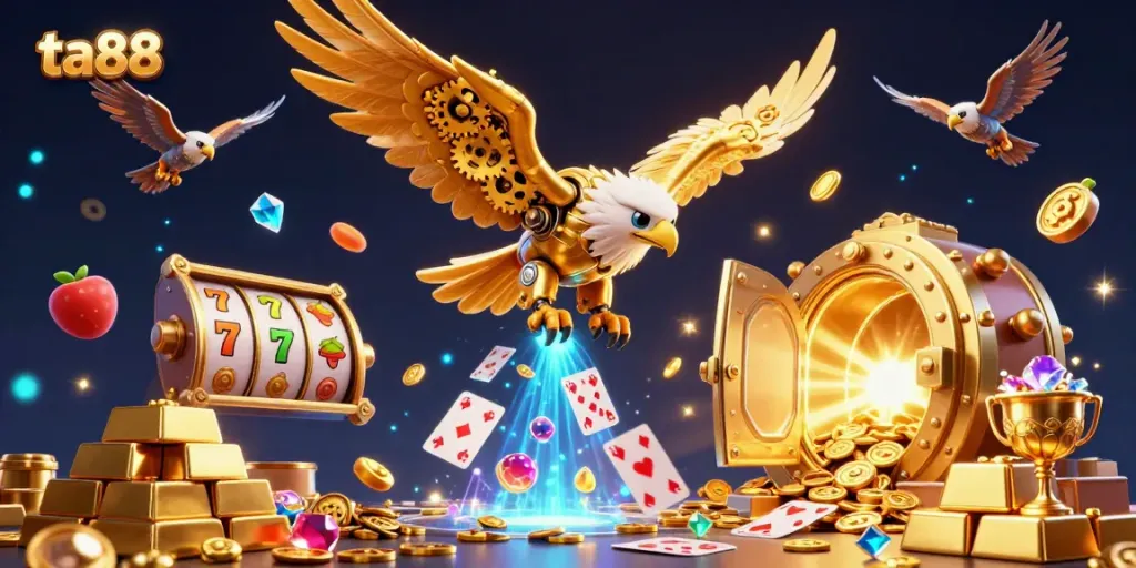 Experience the thrill of ta88 with a cybernetic eagle soaring through a vibrant slot game scene.