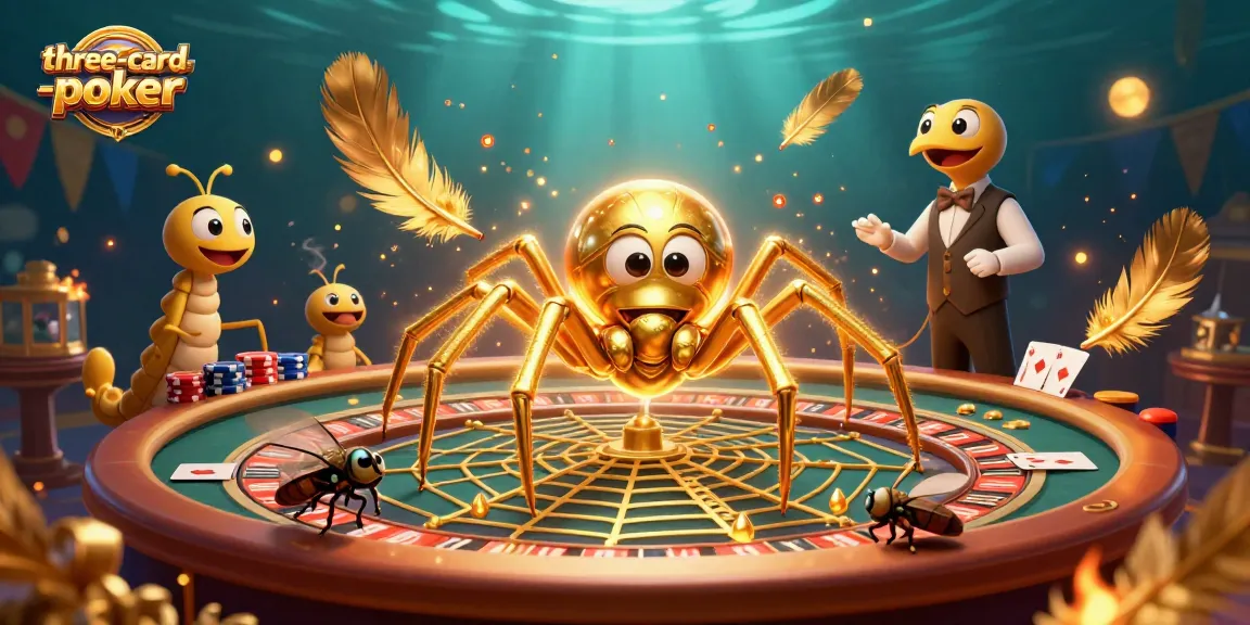 Engage in three-card-poker action at a vibrant table as dynamic characters spin winnings.