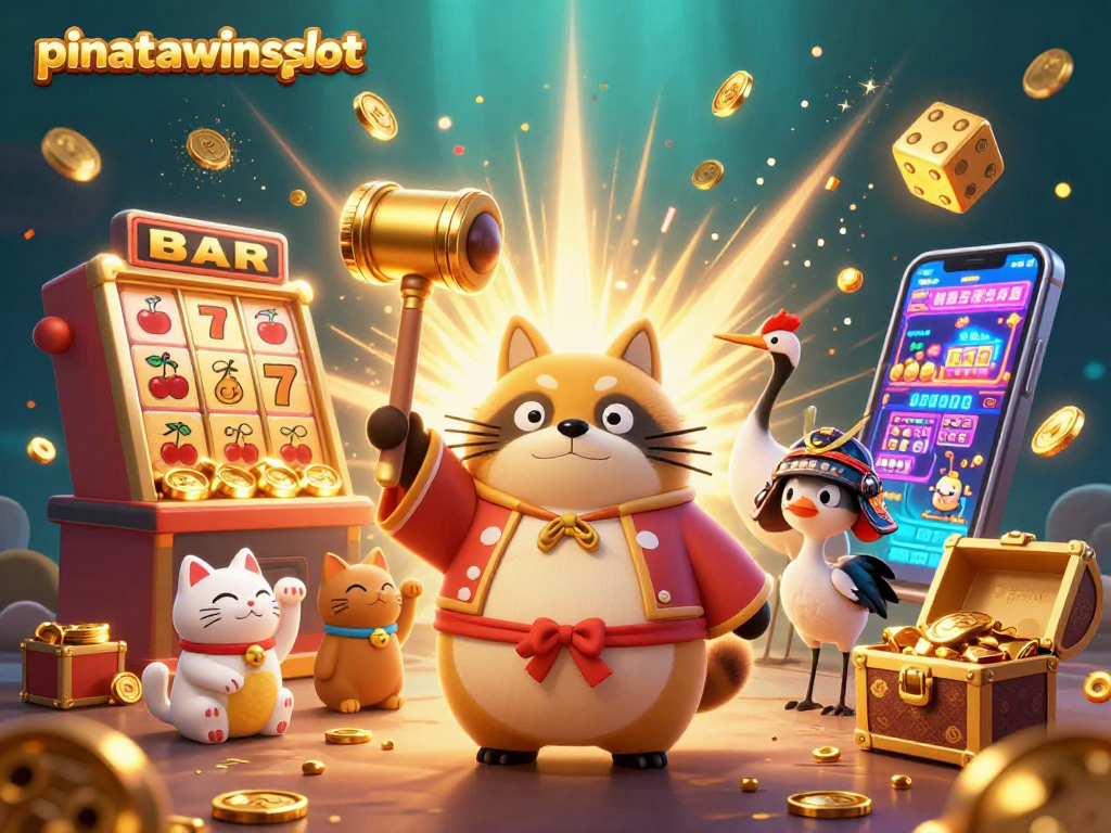 Join the excitement of pinatawinsslot with characters celebrating a jackpot and colorful casino elements!